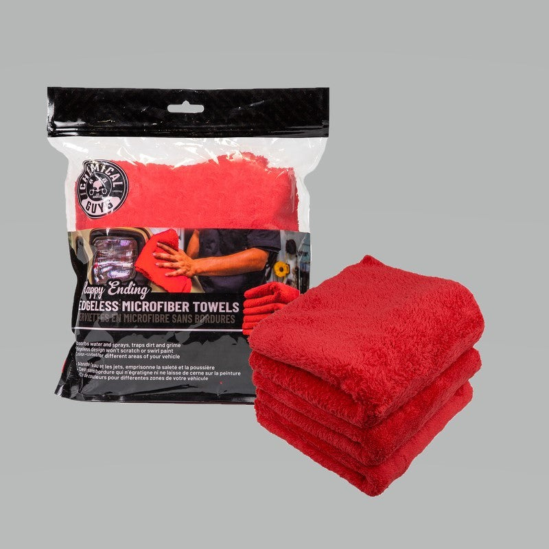 Chemical Guys Happy Ending Ultra Edgeless Microfiber Towel - 16in x 16in - Red - 3 Pack